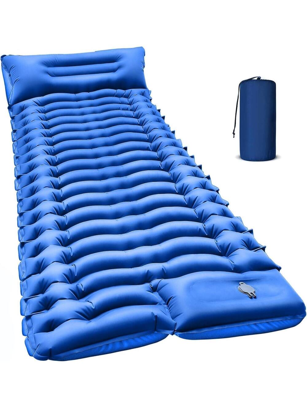 Camping Sleeping Pad - Built-in Pillow & Foot Pump, Inflatable, Compact, Blue